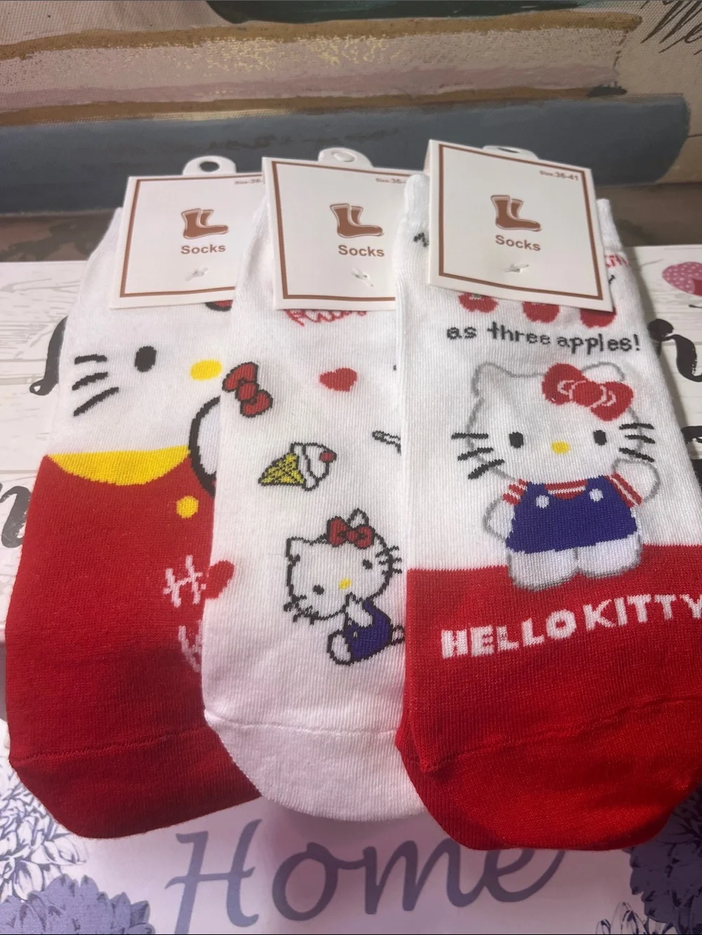 Hello Kitty Red, White & Yellow Anklet Socks Set - 3 Pack